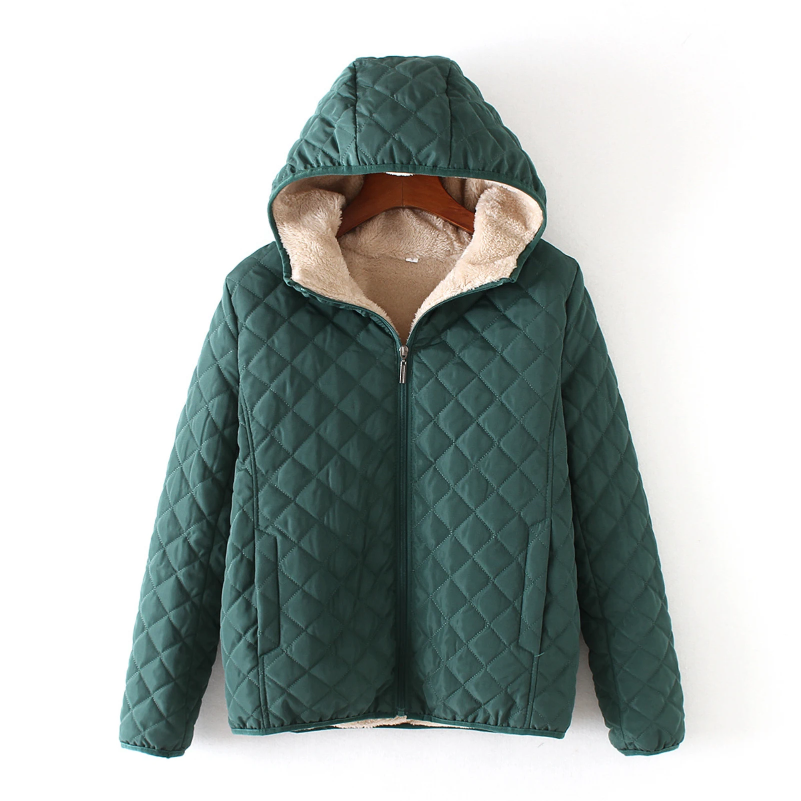 

Women Autumn Winter Check Pockets Parka Jacket Plush Liner Hooded Outerwear Coat Warm Female Windproof Outerwear Zipper Overcoat