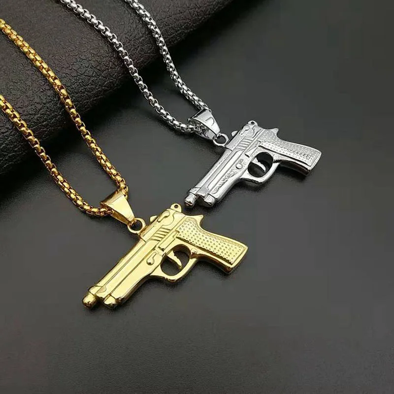

316 stainless steel gold color crystals hand gun Hiphop Revolver Pendant Necklace Ornament Jewelry Accessories