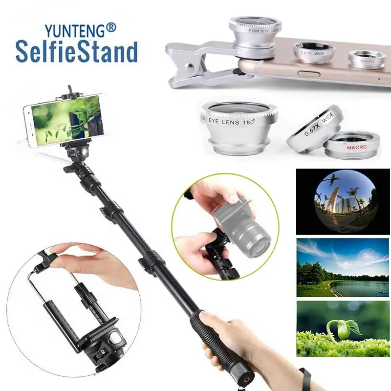 

YUNTENG Wired Cable Self-Timer Monopod+Clip Phone Lenses Selfie Stick For iPhone X 8 7 6S/For Samsung S10 + S9 For Huawei Honor