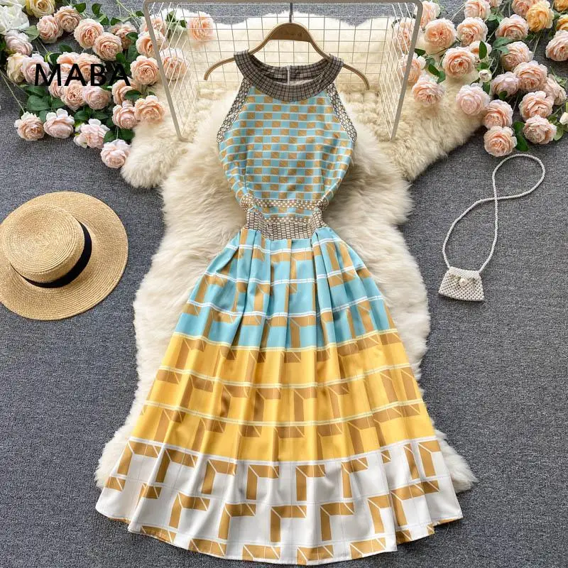 

Женское платье на бретелях-спагетти, дизайнерское платье средней длины без рукавов с открытыми плечами и принтом в пляжном стиле для отдыха...