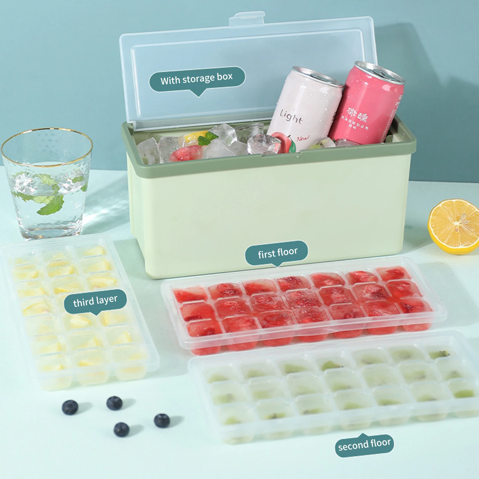 

Large-capacity Pull-out Ice Tray And Ice Container Set Ice Making Mold With Ice Scoop Three-layer Ice Box Household modern