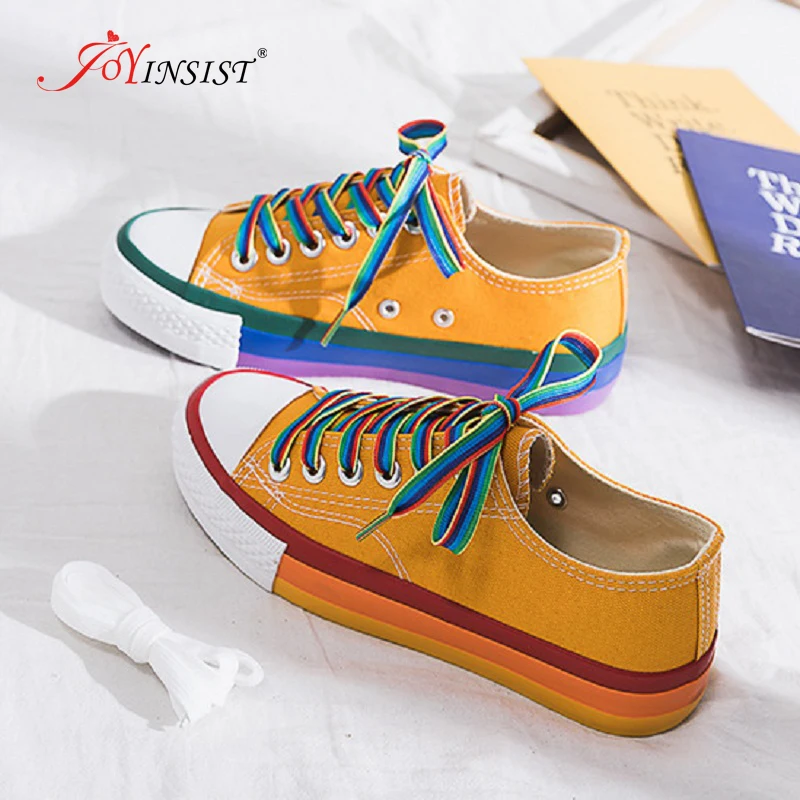 

Rainbow White Shoes Woman Canvas Sneakers With Color Lace 2022 New Spring New Female Casual Sneakers Platform Shoes White