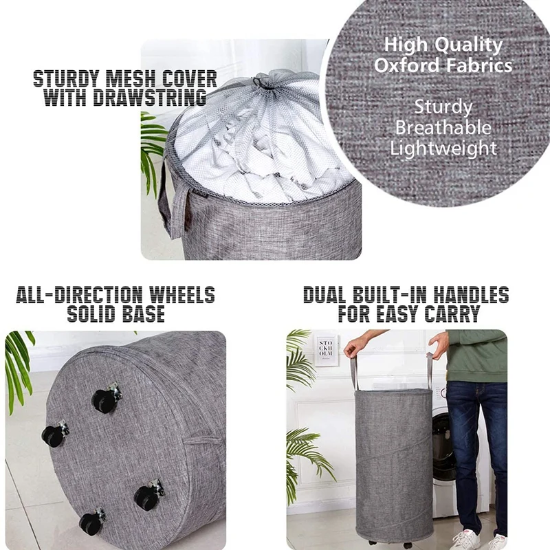 

2 Pack Collapsible Laundry Basket with Wheels, Handles and Mesh Tops - 70 Liter Each, Oxford Fabrics, Red and Gray