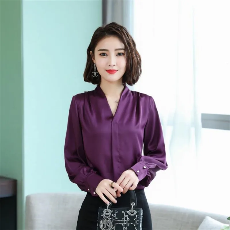 2019 Lente Nieuwe Mode Vrouwen повседневные сексуальные v-образный вырез атласные блузки Lange Mouw