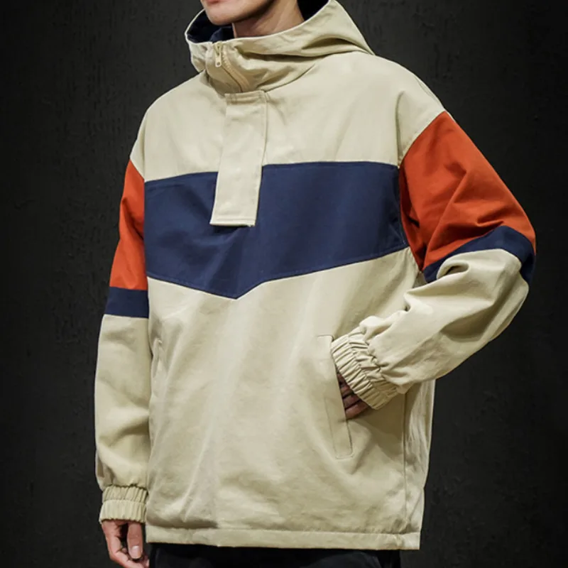 

Spring Autumn Stand-up Collar Jacket Mens Korean Loose Casual Hooded Jacket Men's Streetwear Contrast Color Jacket Coat Coat Men