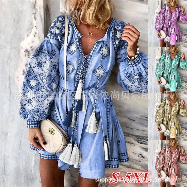 Женское платье на шнуровке свободное с принтом взрывов и кисточками китайская