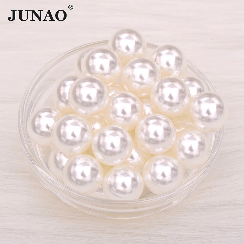 JUNAO, высокое качество, 3, 4, 6, 8, 10, 12, 16, 18, 20, 25 мм, круглые белые жемчужные бусины без отверстий, свободный Бисер для одежды, украшение для скрапбукинга, стразы