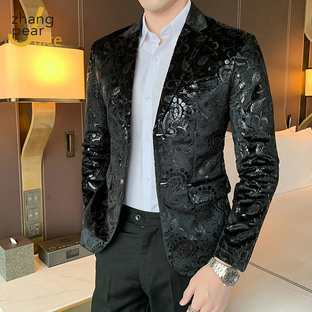 Men Long Sleeve Black Velvet Blazer Slim Fit Suit Jacket Fashion Casual Men Groom Singer Costume Dress Blazer