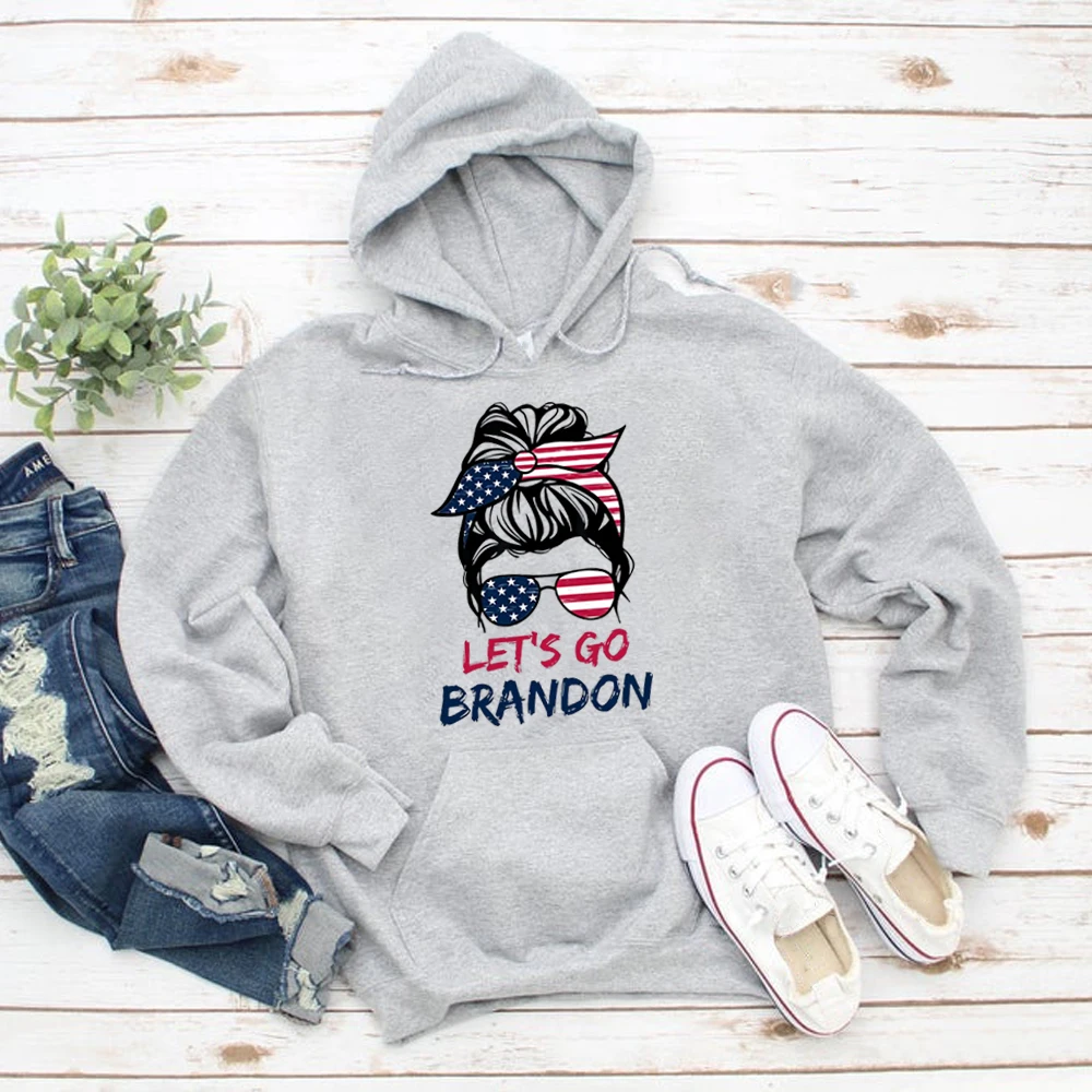 

Let's Go Brandon Hoodies Messy Bun America Flag Funny Pullover Hoodie