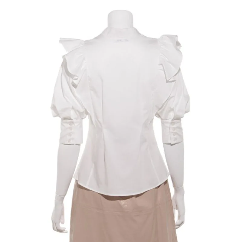 

Work Style Style Solid Blouse Women Ruffles Patchwork Spring 2021 New Slim Blusas Stand Collar Puff Sleeve Shirts