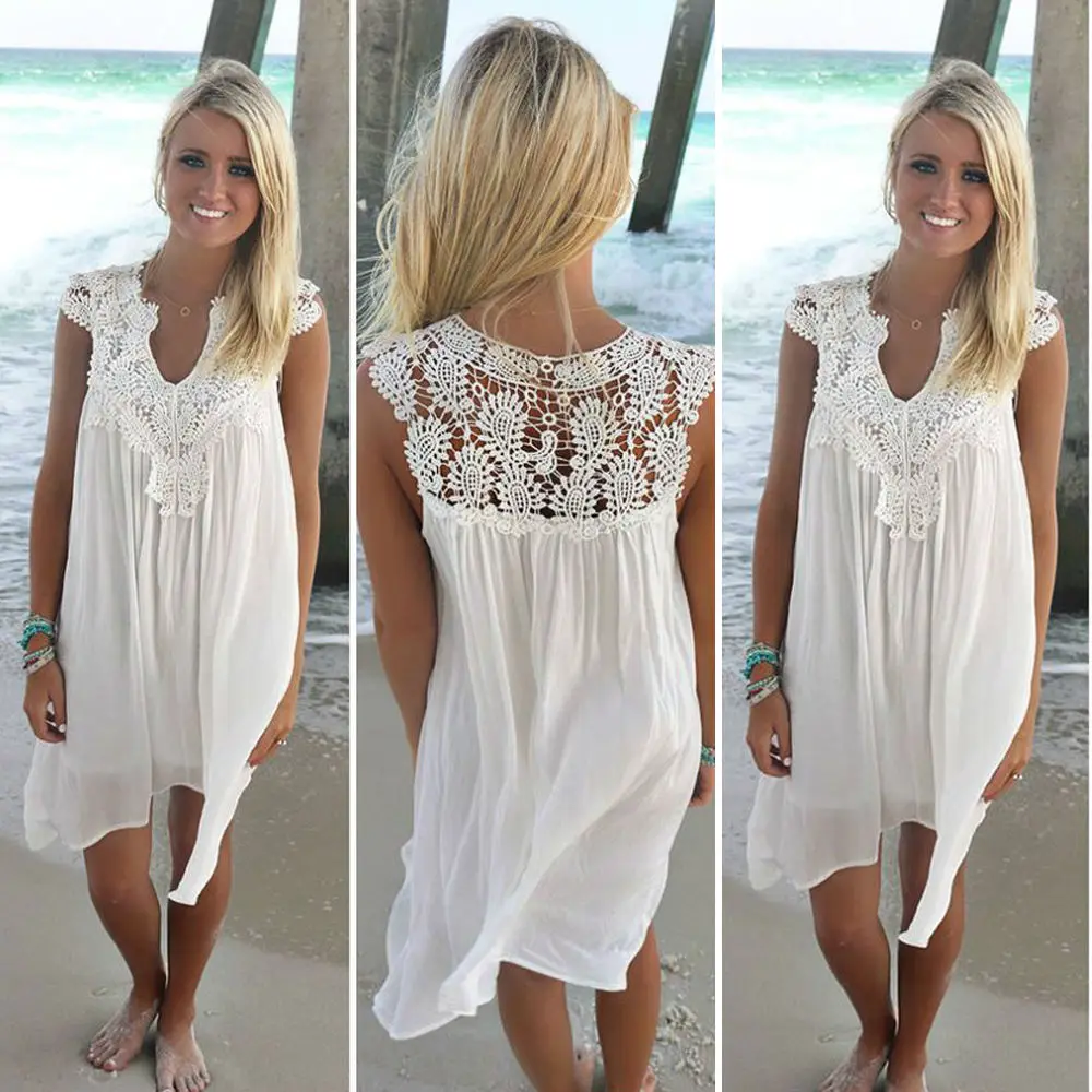 

2019 Women's Bohemia Summer Elegant Dress Lace Patchwork Loose Sexy Dress Short Sleeve Chiffon White Beach Dress Women Dresses