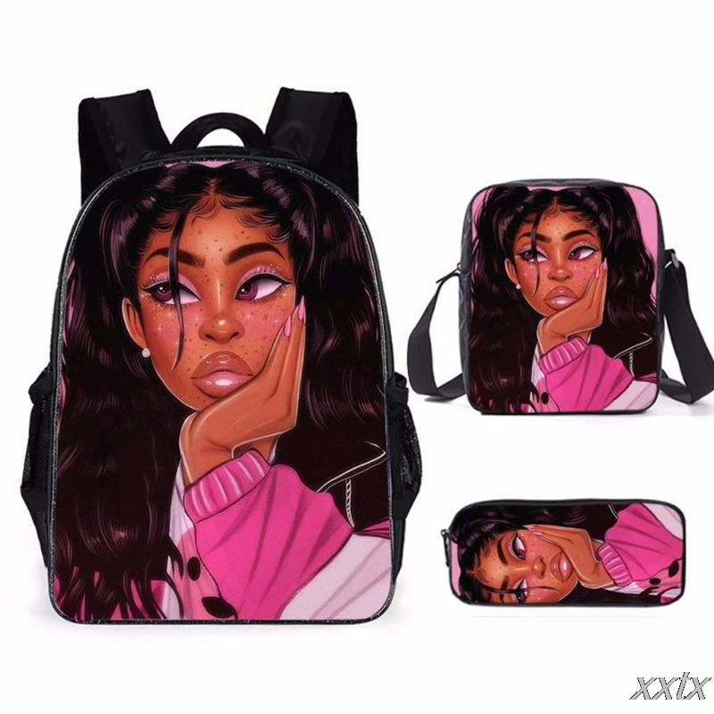 

African Girl School Backpack Nylon Student Bookbag Travel Laptop Daypack with Shoulder Bag Pencil Case for Teenager