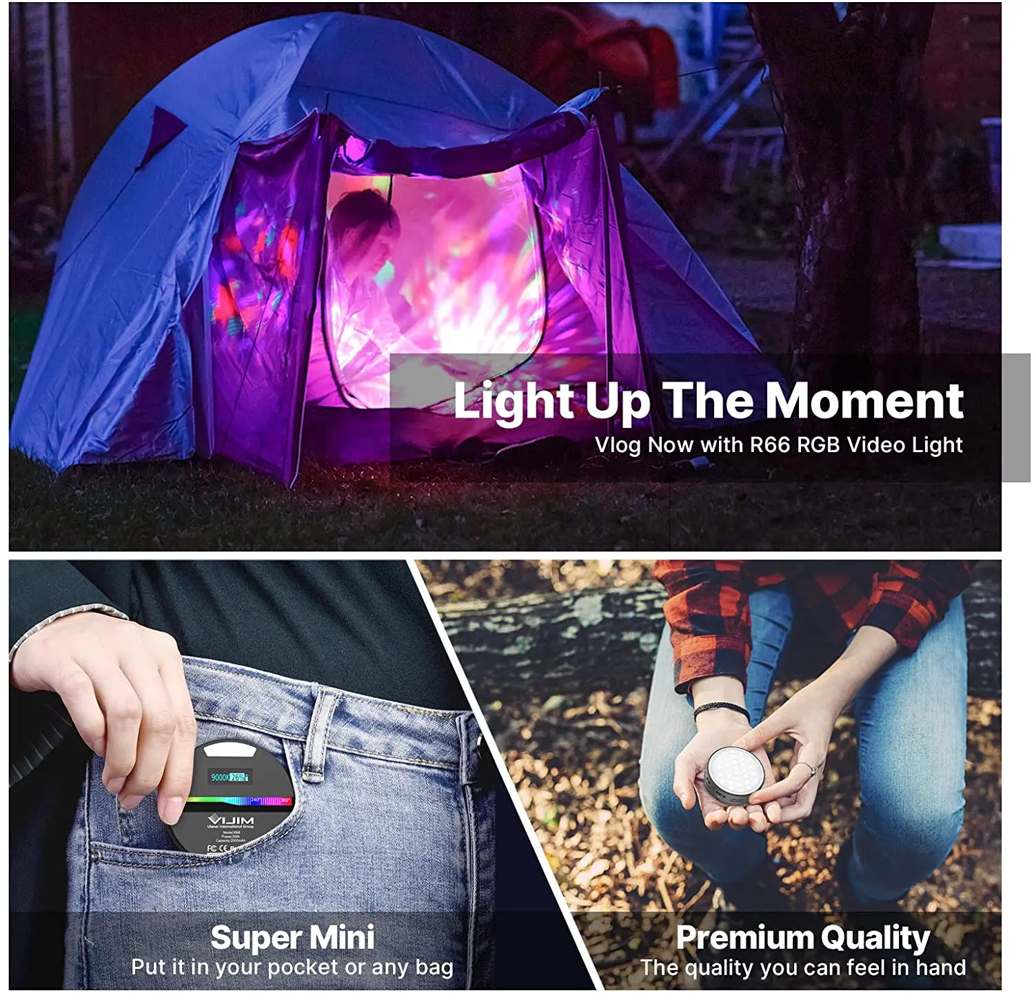 

RGB Led Camera Video Light - R66 Portable Colored Light Photography Lighting Hot Shoe Vlog Light CRI 95+ 2500-9000K Dimmable