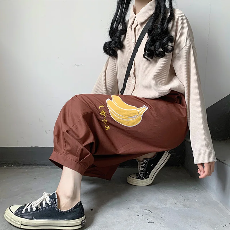 

2 Colors New Japanese Women Pants Kawaii Embroidered Banana Wide Leg Pants Female Loose College Style Cargo Pants Mujer