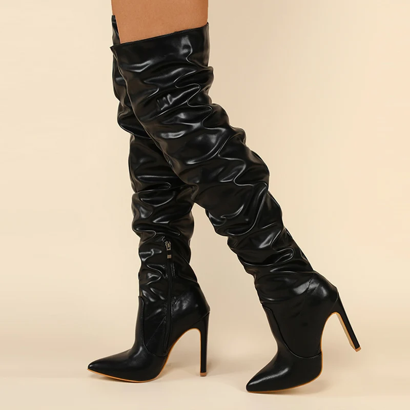 

Женские Плиссированные ботфорты, черные кожаные модельные сапоги на высоком каблуке, с острым носком, на молнии, Осень-зима