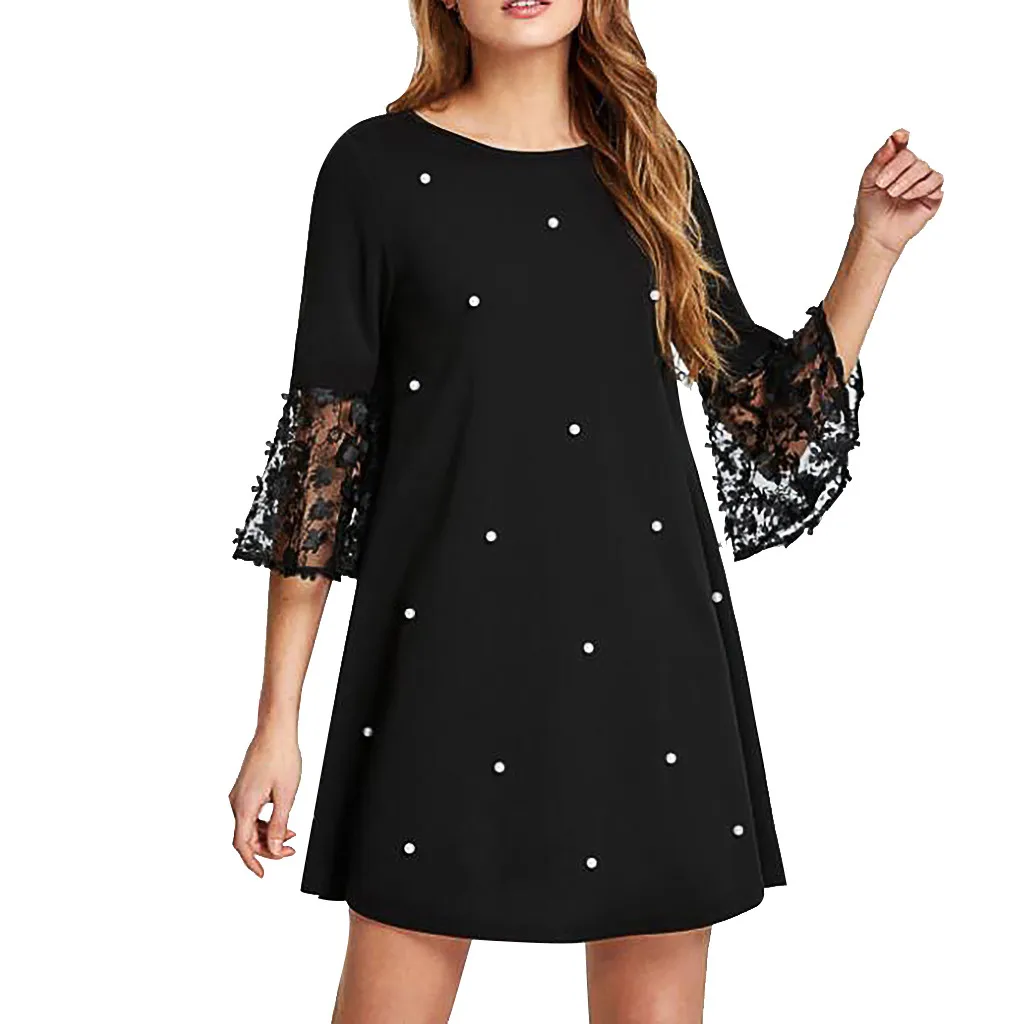 Summer Dresses Women 2021 Fashion Women Sexy Wave Solid Point O-neck Spliced Hollow Out Long Sleeve Temperament Dress Casual