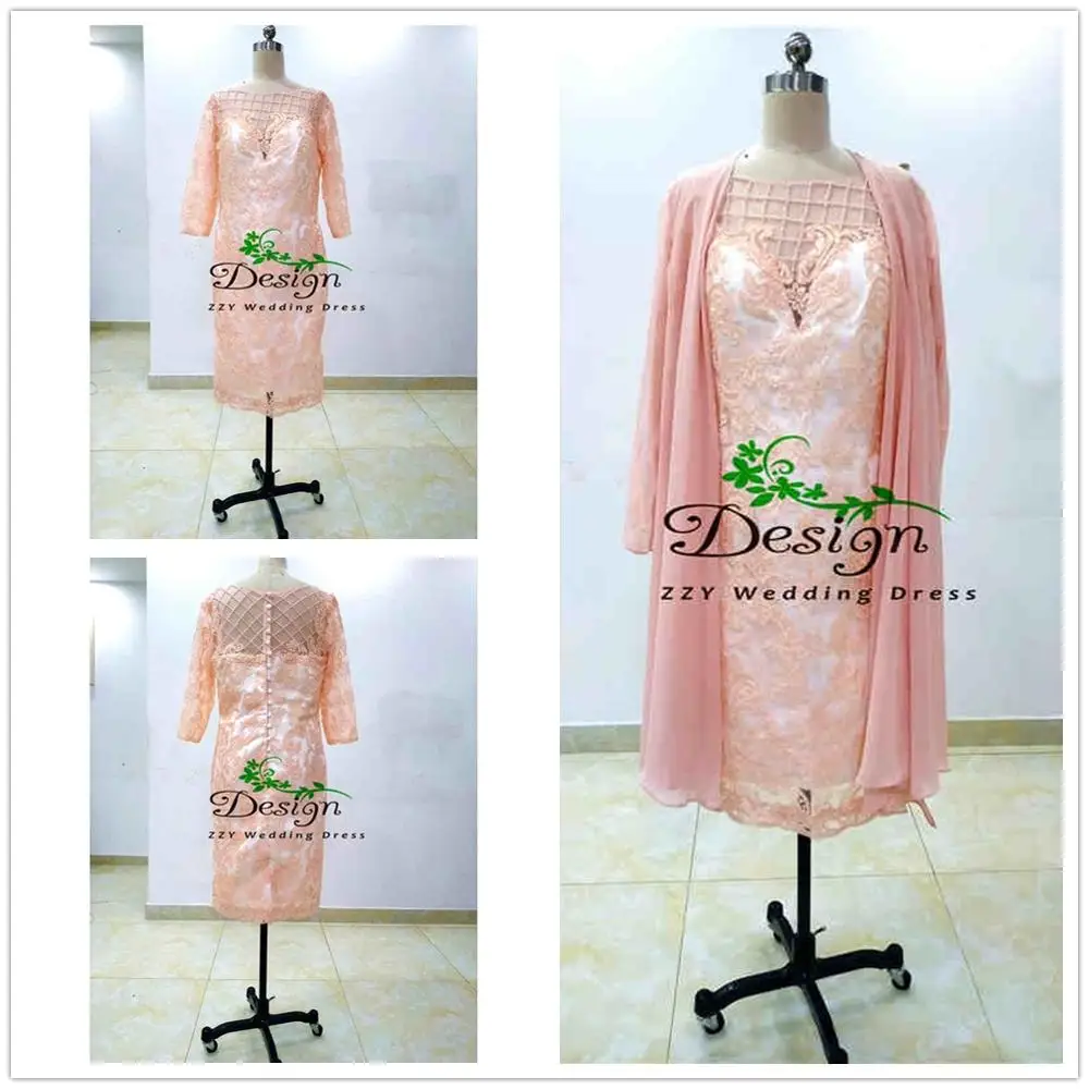 

Real Images Beach Pink Pearls Appliques Vestidos F Knee-Length Custom-Made Mother Of The Bride Dresses With Jacket