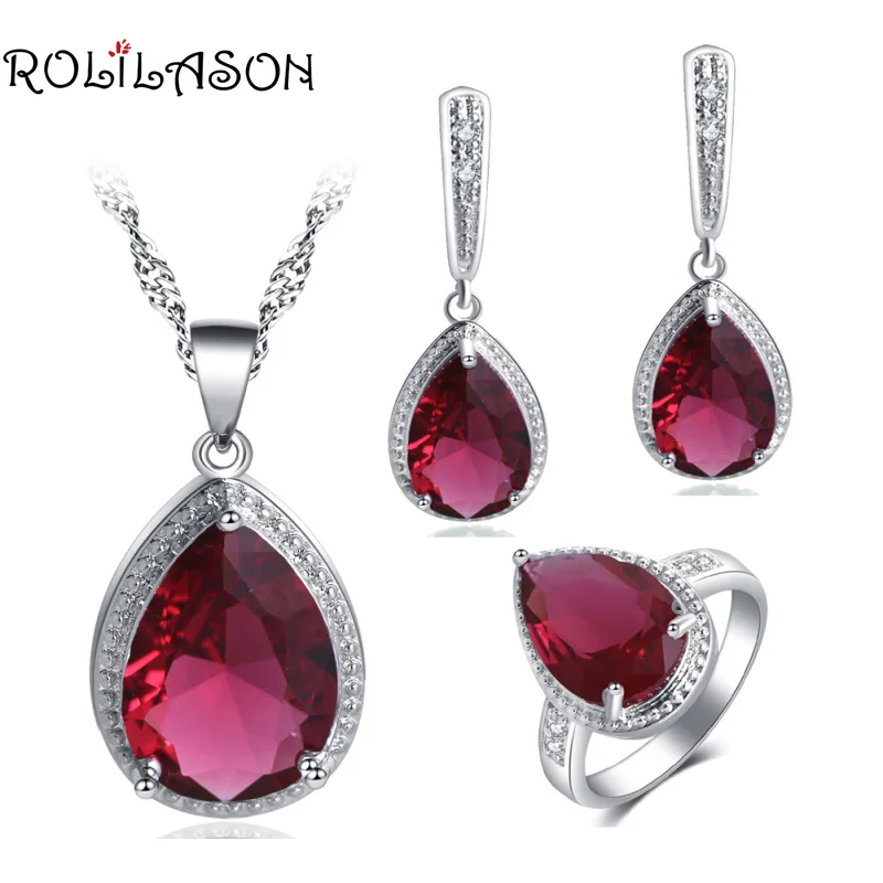 

ROLLASON Amazing New Style Red Cubic Zirconia Water Drop Design For Women Silver Earrings Necklace Rings Jewelry Sets JS744