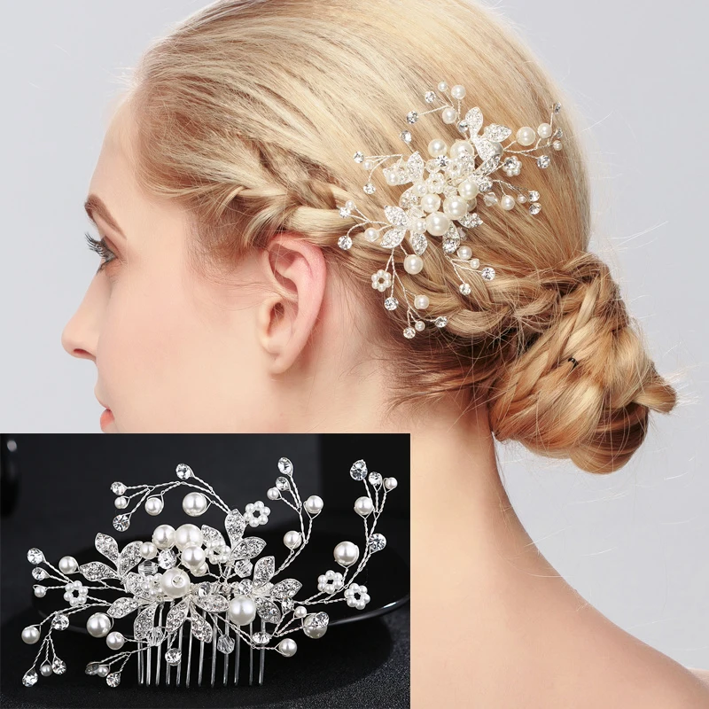 

Hair Ornaments Elegant Silver Color Pearl Rhinestone Hair Combs Accessories for Women Wedding Decoration