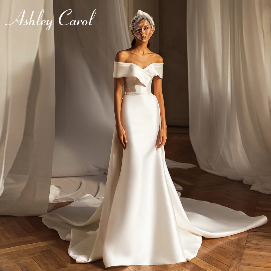 

Свадебное платье Эшли Карол Русалка 2023 сказочное атласное платье со съемным шлейфом Свадебное платье с вырезом лодочкой 2 в 1 Vestidos De Novia