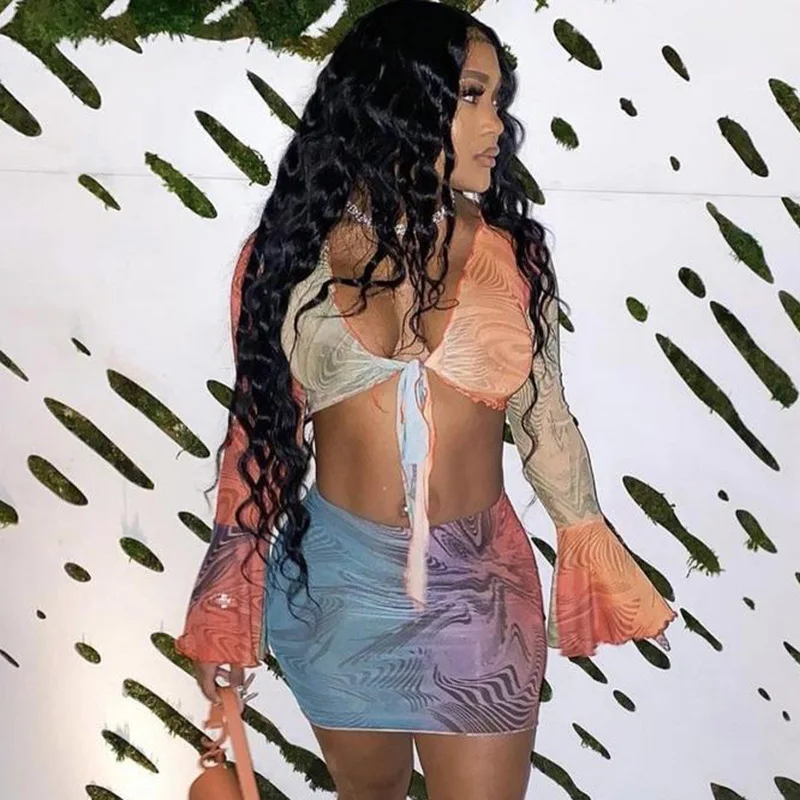 

Evessi Mesh Print Flare Sleeve Bow Bandage Dress Two Piece Set Sexy Mini Sets Womens Beach Style 2 Pieev Matching
