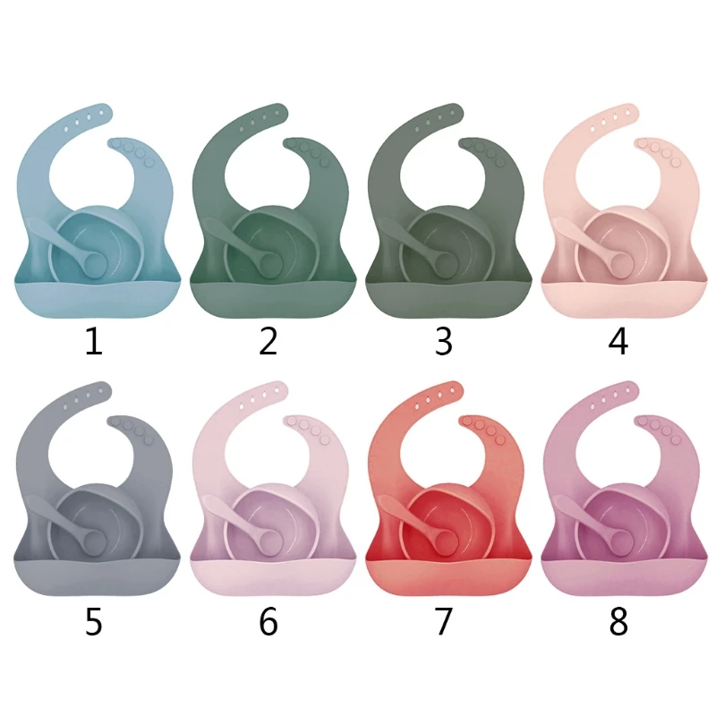 

T5EC 3 Pcs Solid Colour Baby Silicone Bowl Toddler Feeding Bowl with Bib Spoon Dishes