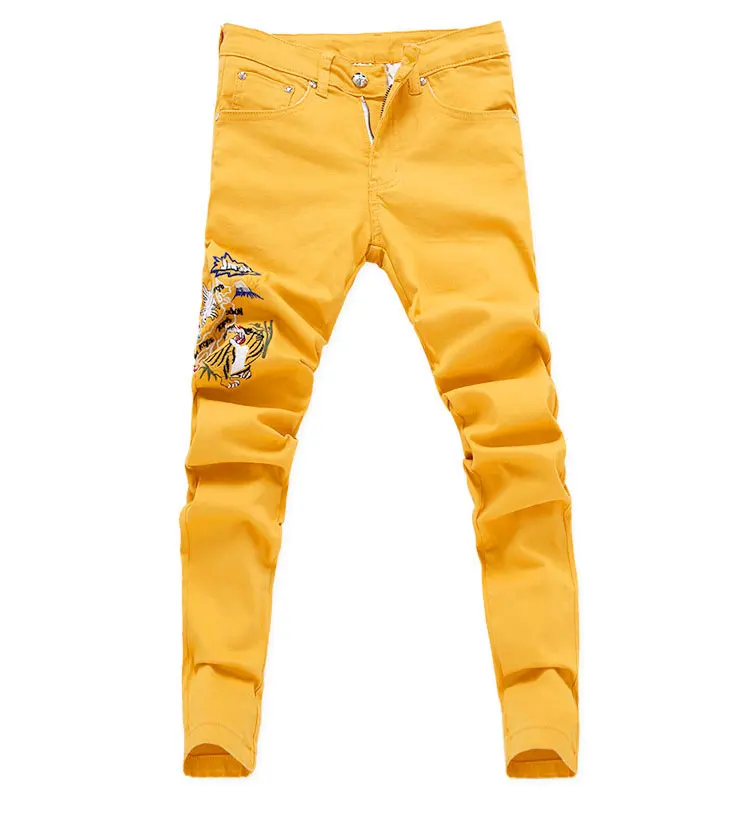 yellow Новая мода Рваные джинсы Для мужчин вышивка узкие брюки человек сезон: весна–лето желтый, зеленый, розовый джинсовая одежда больших размеров, брюки с начесом, грохот - Цвет: yellow