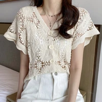 2021 korean short sleeve v neck vintage floral crochet lace blouse women corp tops hollow out sexy lace shirt women summer tops