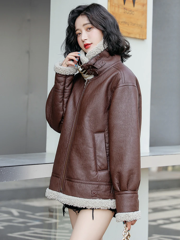 New Women Double Faced Fur Coat Autumn Winter Casual Fashion Moto Biker Style Lamb Plush Liner Thick Warm Sheepskin Leather Coat