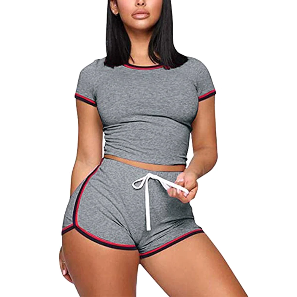 

Casual Women Summer 2PCS Striped Set Girls Short Sleeve Top+Elastic Waist Fitness Shorts Exercise Running Gym Sports Sets