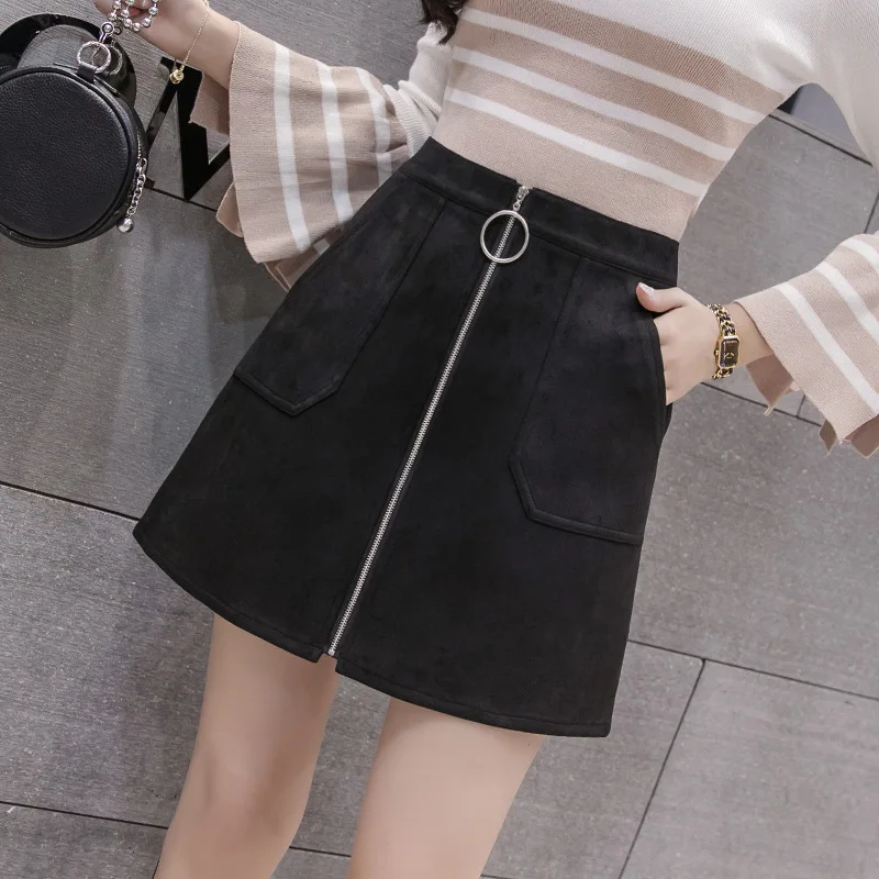 

Black Elegant Office Lady Solid Color Front Zipper Mid High Waist Skirts Spring Winter Women Suede Leater Package Hip Skirt
