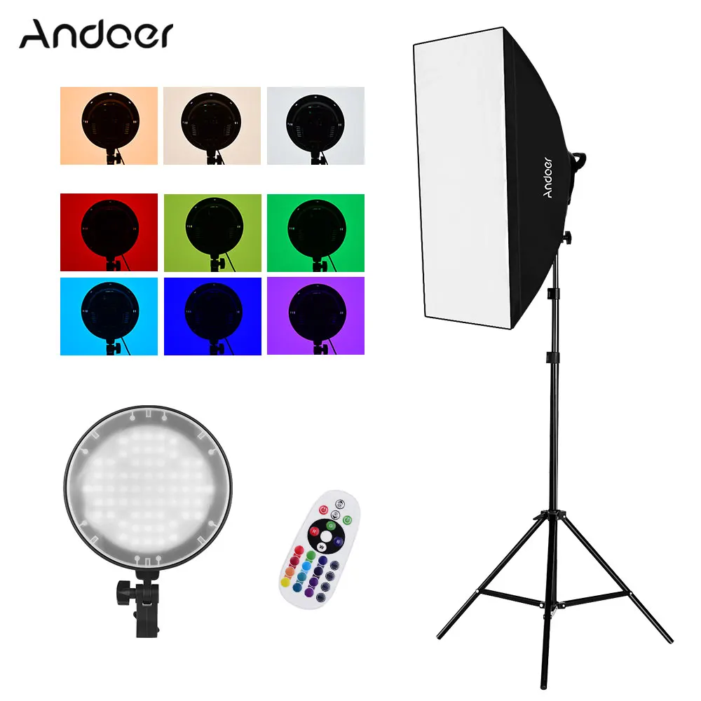 

Andoer студийная фотография 2,4G RGB светодиодный светильник софтбокс набор с 45 Вт RGB светодиодный светильник + 50*70 см софтбокс + 2 м светильник + пул...
