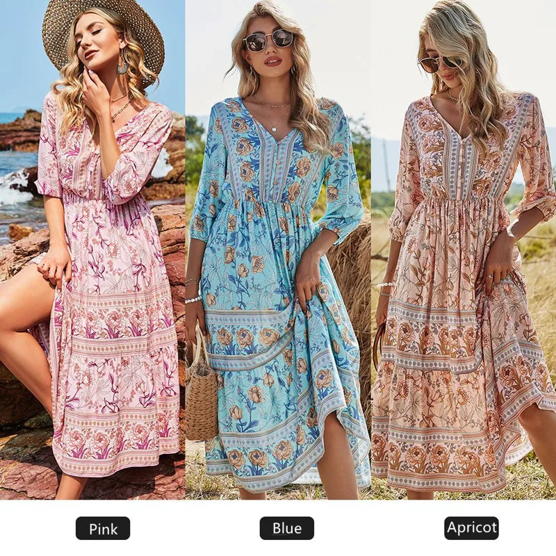

Vamos Todos Fashion Bohemian Maxi Dresses For Women High Waist V-Neck Floral Elegant Vestidos Feminino Flare Sleeve Summer Dress