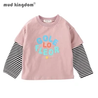 mudkingdom girls undershirts letter patchwork striped crew neck long sleeve casual tops for kids drop shoulder fashion clothes
