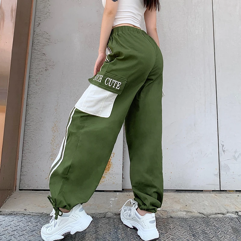 

SEASONS Patchwork Casual Loose Cargo Pants Women Fashion High Waisted Long Trousers Ladies Pockets Letter Print Jogger ASPA81213