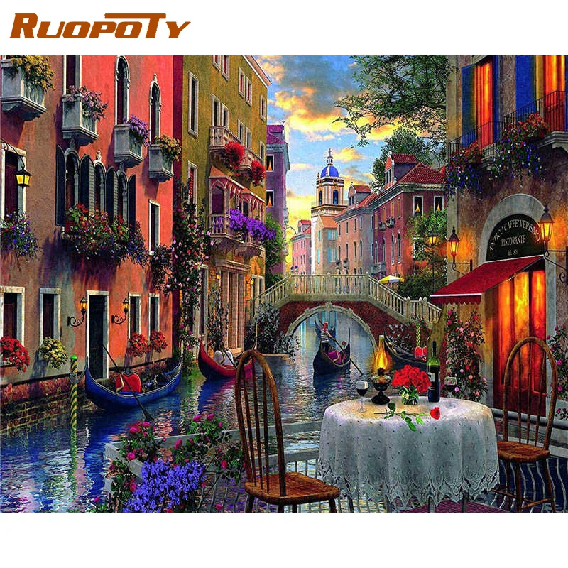 RUOPOTY DIY масляная краска по номерам водный город Венеция Пейзаж для взрослых