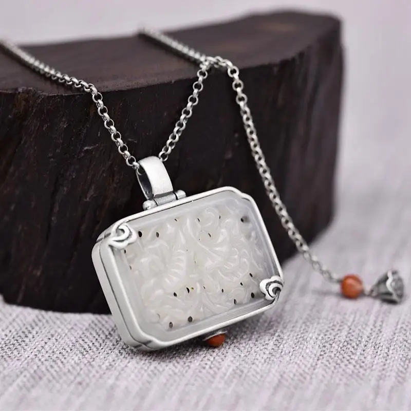 

Independent design sachet jade box necklace retro temperament fashion simple jewelry Hetian jade inlaid silver pendant