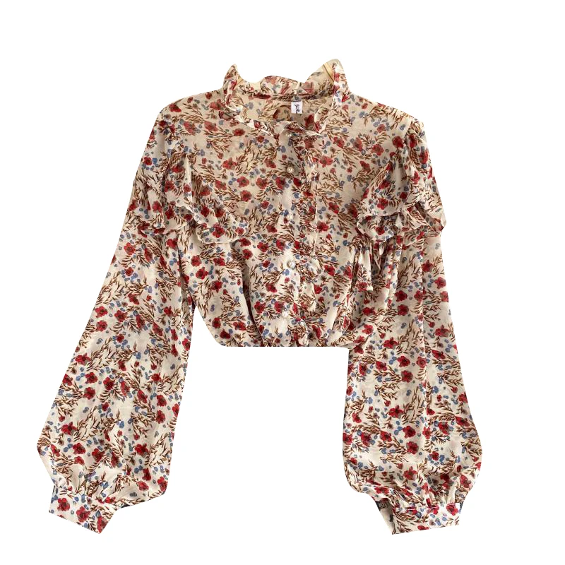 

Vintage Ruffles Chiffon Women Shirts Autumn New Lantern Sleeved Floral Office Lady Elegant Outwear Tops