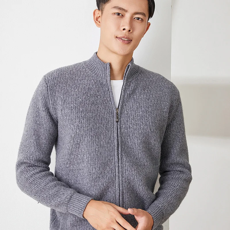 

2021Winter New 100%Cashmere Knit Cardigan Men Half-High Collar Zipper Large Size Jacket Pure Wool Thick Coat High-End Base Shirt