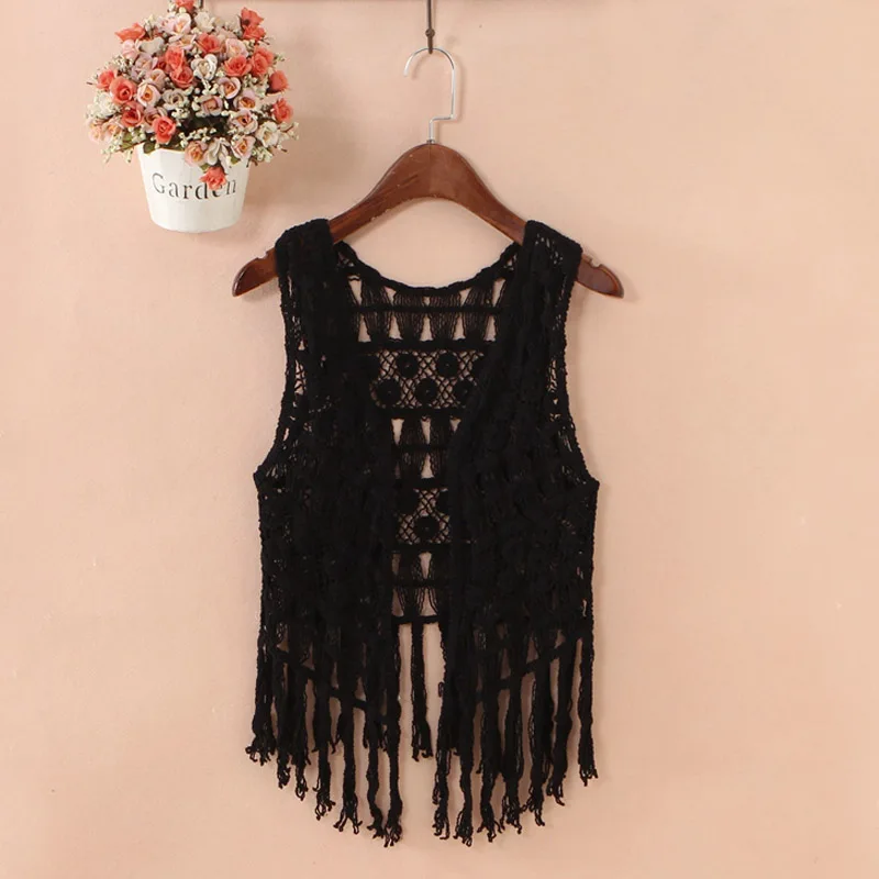 

Женский вязаный Однотонный свитер с кисточками и кардиган, Новинка лета 2021, однотонная женская верхняя одежда без рукавов с v-образным вырез...