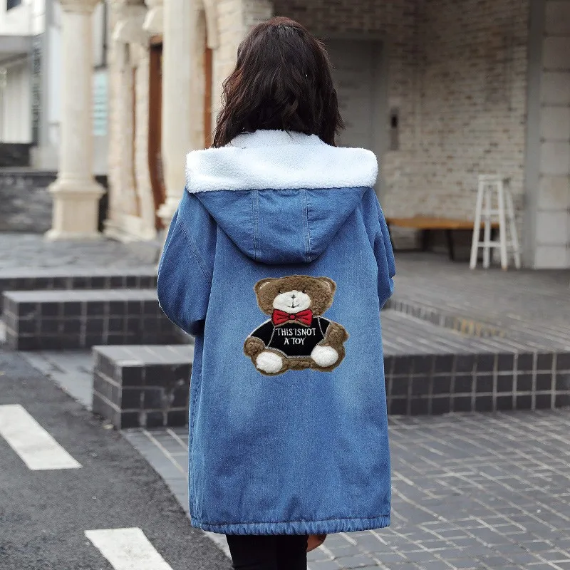 

Embroidery Winter Warm Lambswool Lining Womens Hooded Coats Casual Loose Fit Long Sleeve Single Breasted Medium Length Coats