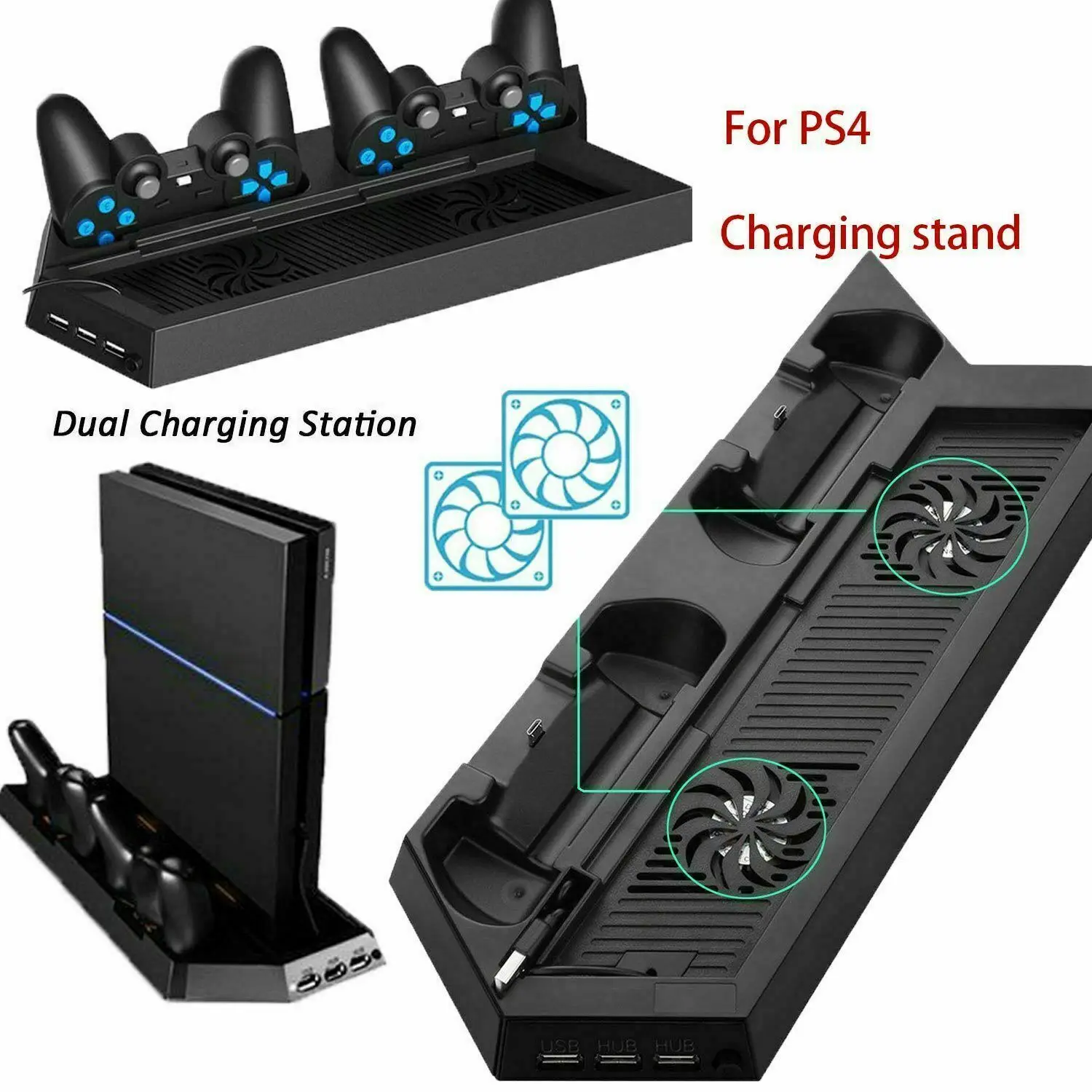 ps4 3 usb power hub vertical dual controller charger charging dock station with cooling fan stand for playstation 4 console free global shipping