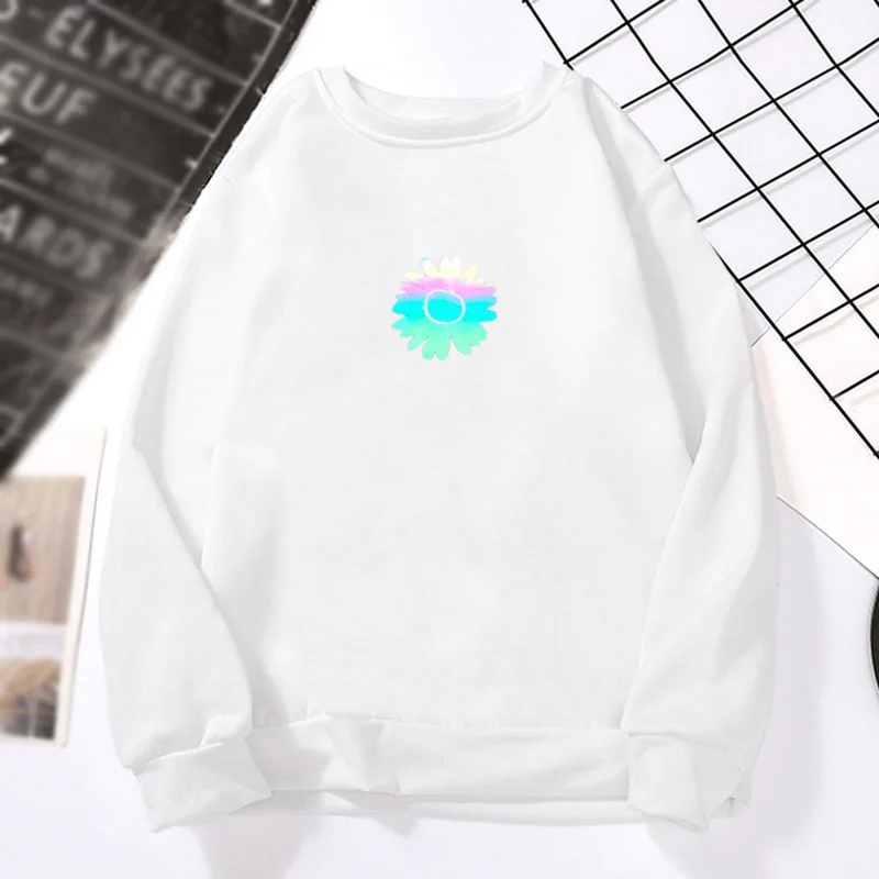 

New Fashion Reflective Small Daisy Print Round Neck Hoodies Loose Couple All-match Autumn And Winter Tops Women
