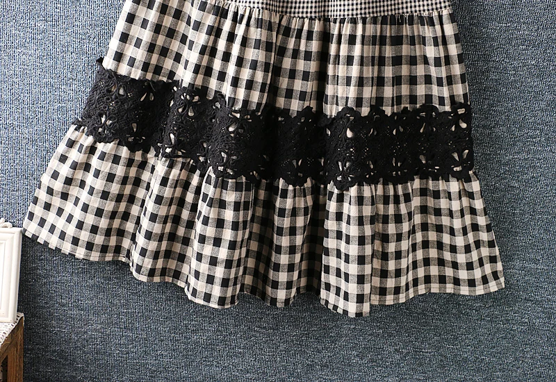 

2021 New Spring Women Elastic Waist Skirt Japan Style Literary Lace Patchwork Plaid Cotton linen Skirts