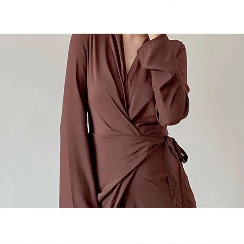 

XITAO Solid Color Split V-neck Bandage Long Sleeve Dress 2021 Autumn New Arrival Casual Fashion Temperament All Match ZY6501