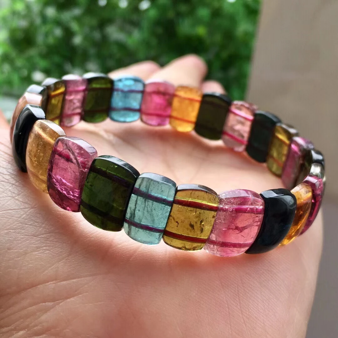

Brazil Natural Colorful Tourmaline Bracelet Bangle 12*8mm Clear Rectangle Beads Women Fashion Stone Certificate AAAAA