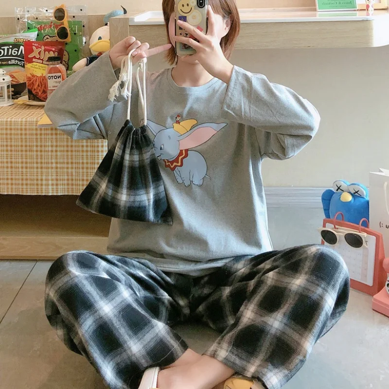 Disney Dumbo Pajamas Plus Size Loose 2 Piece Set Pijama Mujer Long Sleeve Top and Plaid Pants Sleepwear Autumn Winter 2021 New