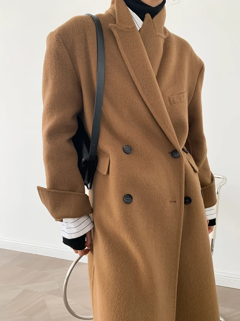 

High-end suit collar mid-length right-angled shoulder double-sided cashmere coat woolen coat female Korean version 21 new