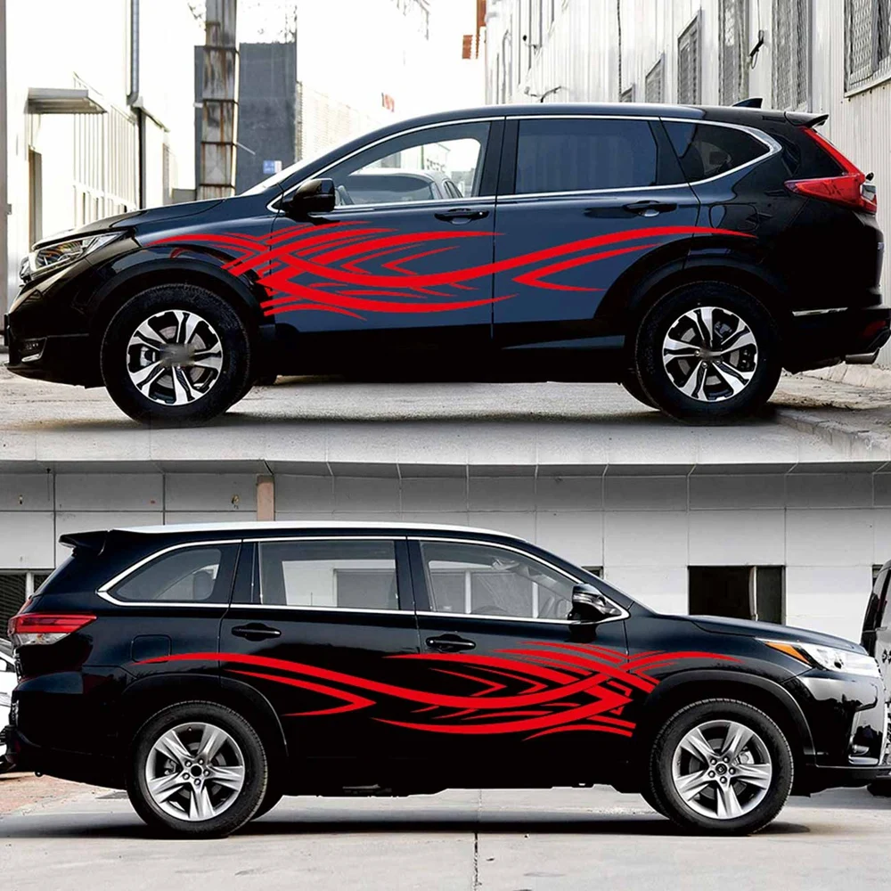 

2 pcs Car Side Stickers Flame Pattern Waistline Stripe Sticker Racing Sports Decal Auto Vinyl Film Stickers Car Accessories