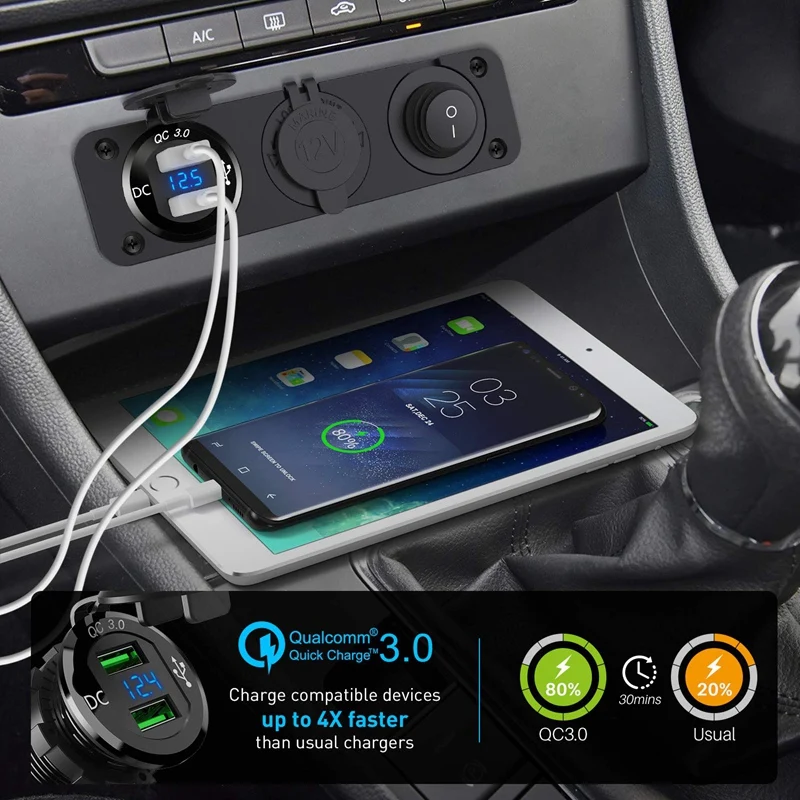 

NEW-Dual Qc3.0 Cigarette Lighter Socket Distributor, 250W Waterproof 12V Dual Usb Charger Power Adapter Socket, With Aluminum Du